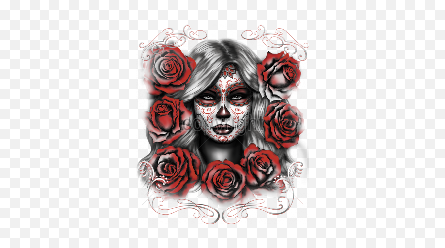14x16 - Sugar Girl With Red Roses Culture Day Of The Dead Red Rose Sugar Skull Tattoo Png,Dead Rose Png