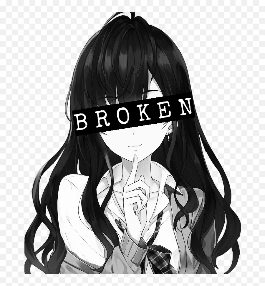 Download Animegirl Blackandwhite Greyscale Broken Depression - Broken Anime Girl Png,Brown Hair Png