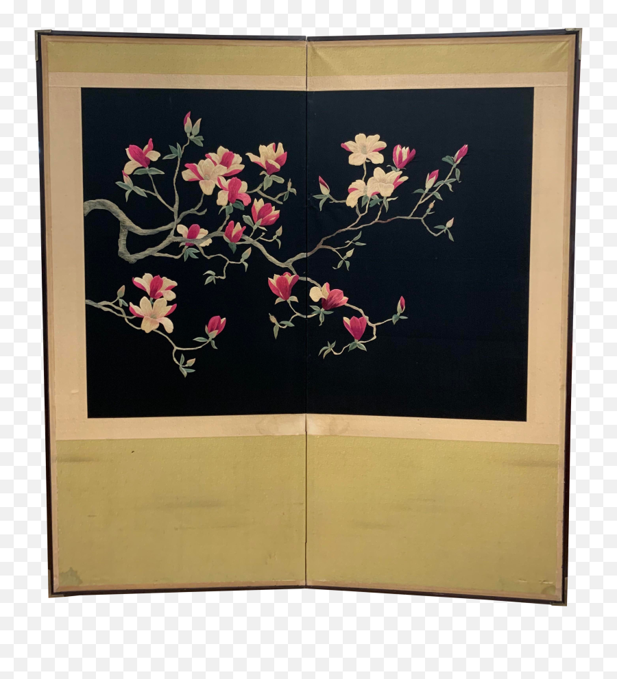 Asian Cherry Blossom Embroidery Folding Screen Room Divider - Cherey Bloossom Embroidery Png,Cherry Blossom Branch Png