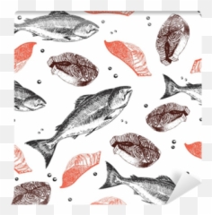 Wall Mural Vector Seamless Pattern Of Seafood Salmon Fish Png Icon