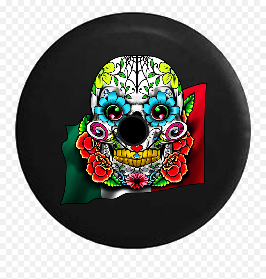 Jeep Wrangler Jl Backup Camera Day Sugar Skull With Roses And Mexican Flag Heritage Rv Camper Spare Tire Cover - Blackcustom Sizecolorink Cinco De Mayo Skull Png,Mexican Flag Png