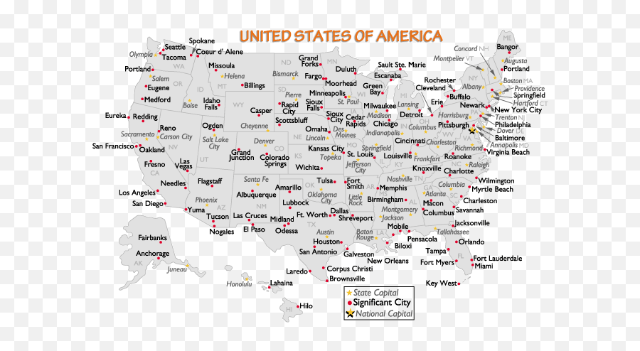 United States Major Cities And Capital Map - United States Cities Map Transparent Png,United States Map Transparent