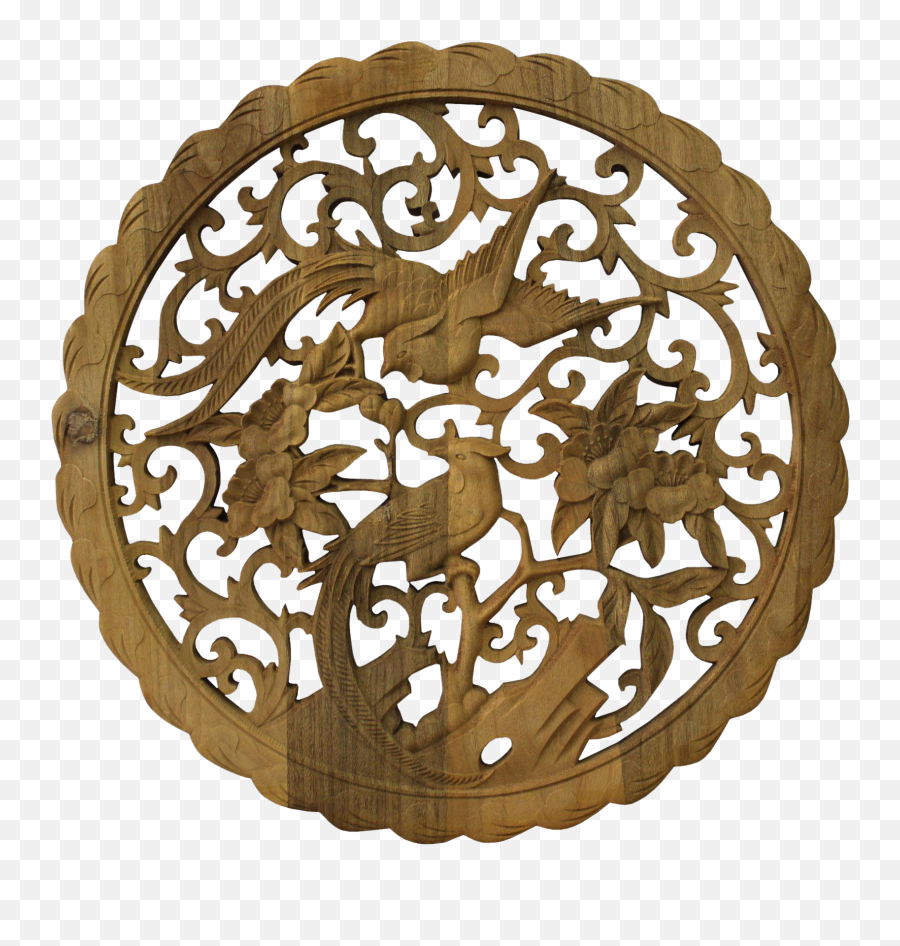 Chinese Round Wood Flower Birds Wall Plaque Hanging Panel - Wood Png,Hanging Wooden Sign Png