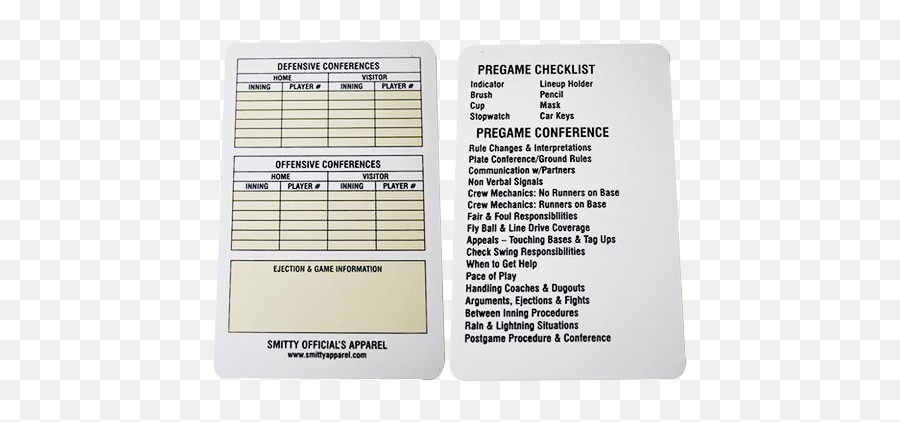 Umpire Data Card Ref Attire Free Shipping Available - Softball Umpire Pre Game Checklist Png,Reverse Card Png