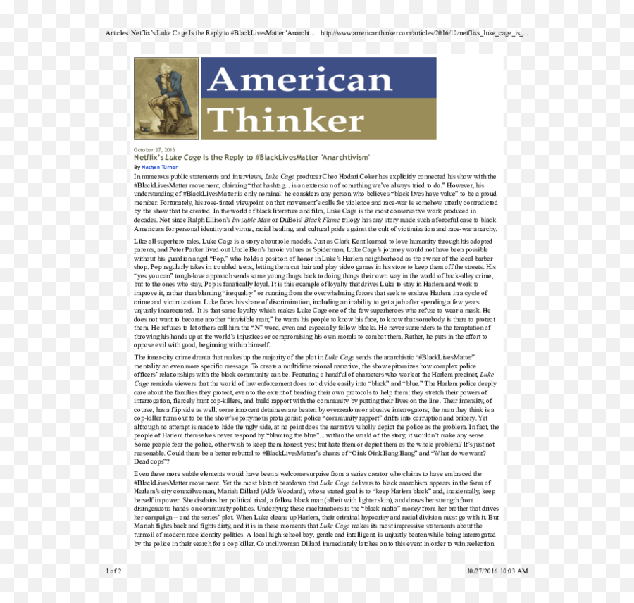 Pdf Luke Cage Review American Thinker Nathan Turner - Document Png,Luke Cage Png