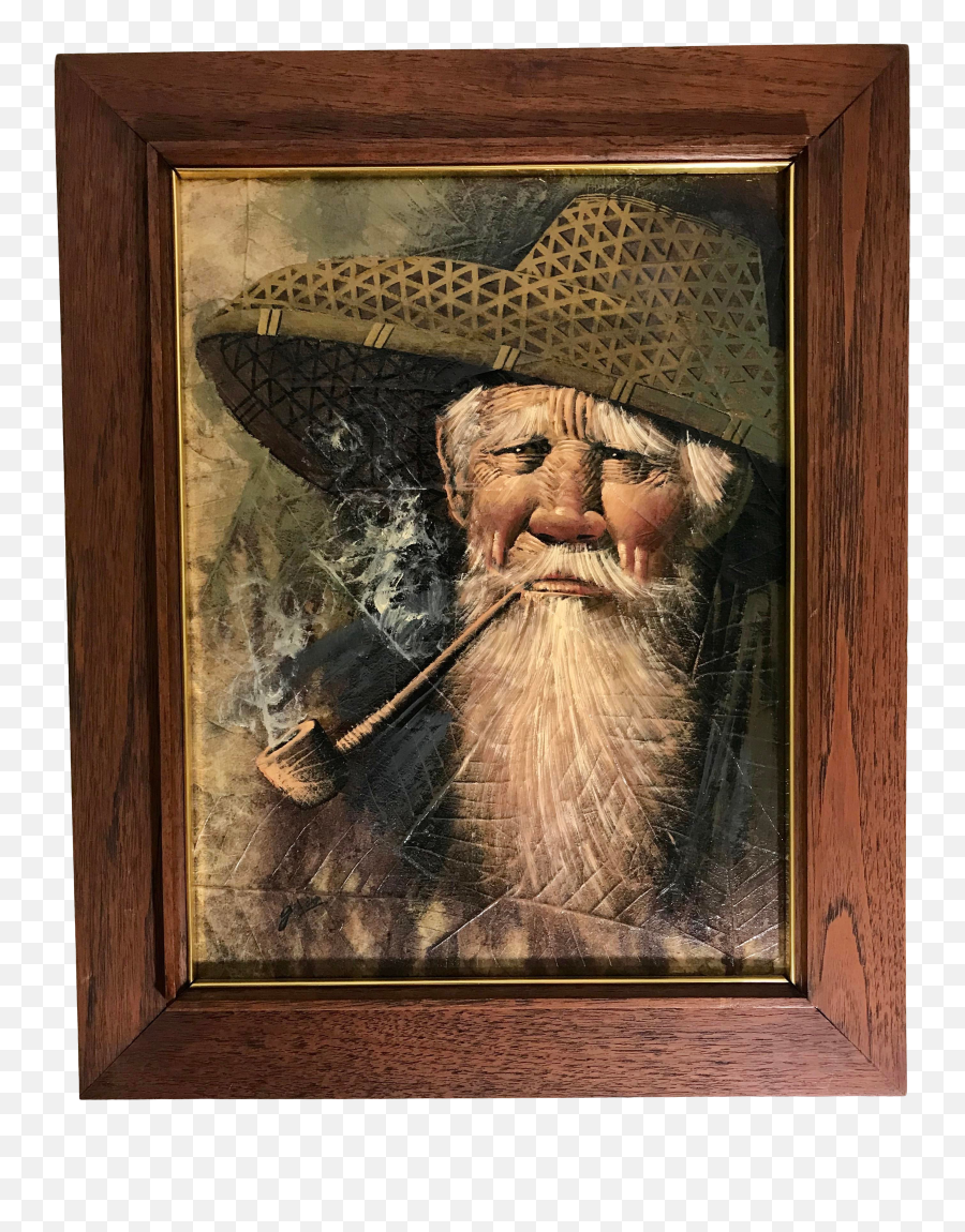Vintage Thailand Oil Painting Of Man In Rice Paddy Hat Smoking A Pipe Png
