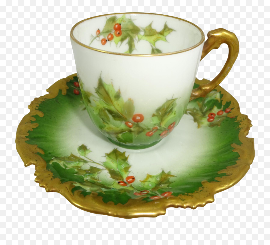 Download Hd Antique Limoges France Cup Saucer Christmas - Teacup Png,Christmas Holly Png