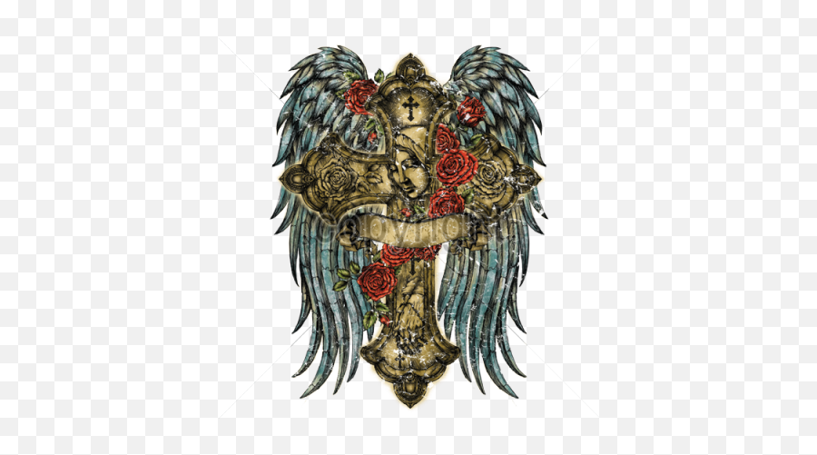 14x18 - Gothic Cross Roses Wings Plastisol Transfer Rose Celtic Cross Tattoo Png,Gothic Cross Png