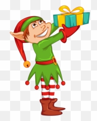 Cute Cartoon Christmas Elf With Gift - Clip Art png