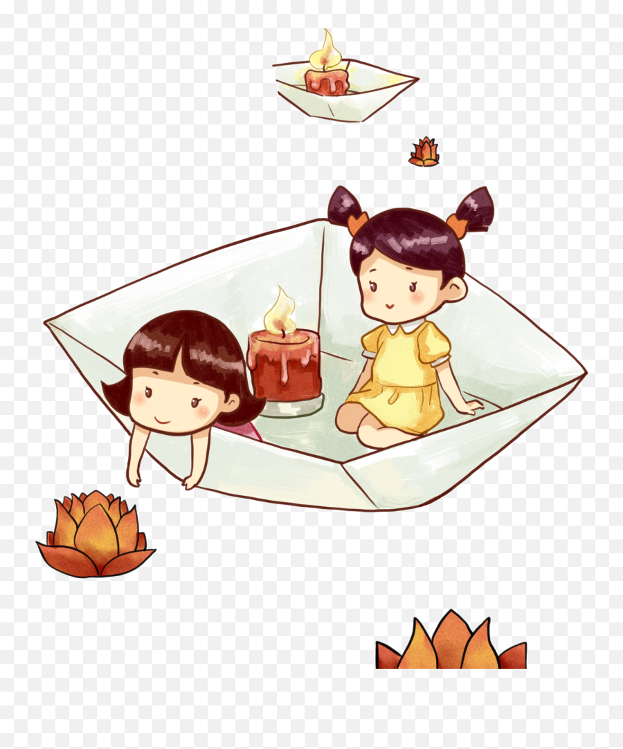 Download Sitting Paper Boat Lantern Cartoon Png And Psd - Two Girls Rowing A Boat Cartoons,Cartoon Boat Png