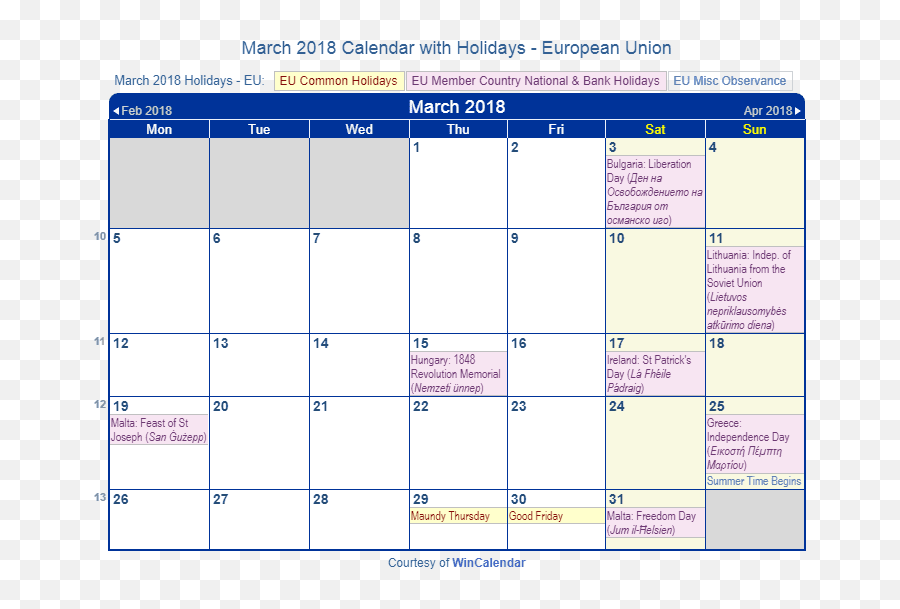 Print Friendly March 2018 Eu Calendar - Holidays In June 2021 Png,2018 Calendar Png