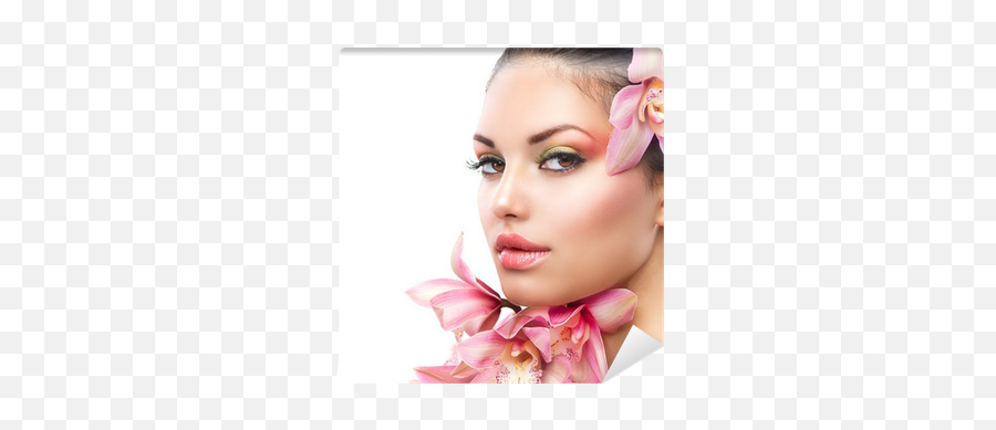 Beautiful Girl With Orchid Flowers Beauty Woman Face Wall Mural U2022 Pixers We Live To Change - Nature Care Cosmetics Png,Women Face Png