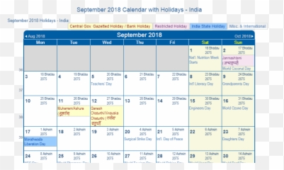 Print Friendly September 2018 India - Calendar With Holidays png