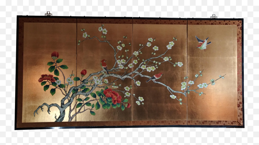 Vintage Hand Painted 4 Panel Framed Cherry Blossom Silk Screen - Wall Png,Cherry Blossom Branch Png