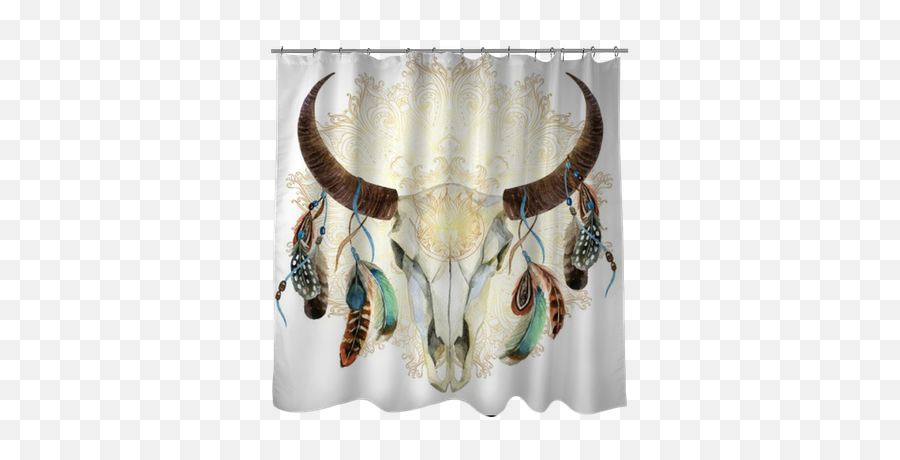 Watercolor Cow Skull With Feathers Shower Curtain U2022 - Animal Tete De Buffle Fleurs Png,Cow Skull Png