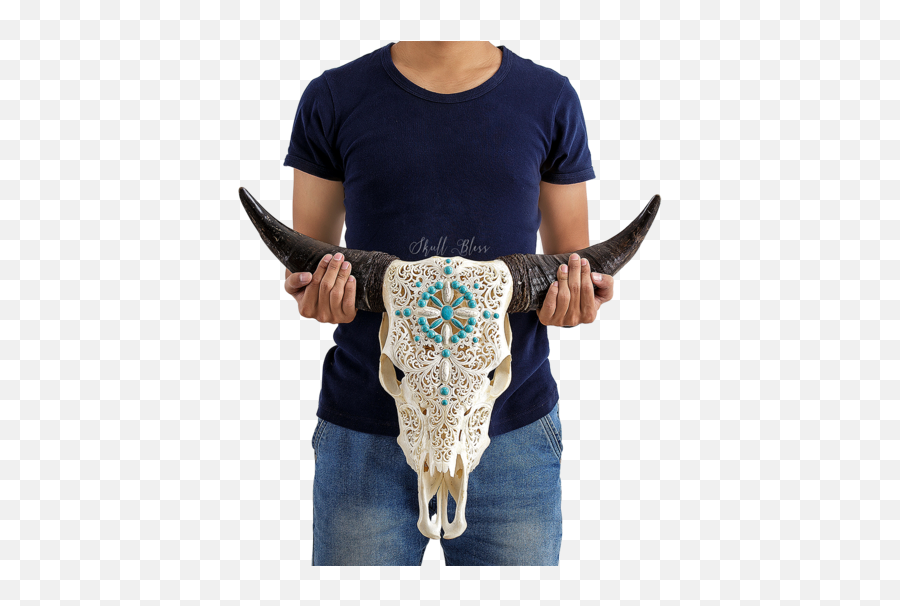 Download Carved Cow Skull Xl Horns - Xl Horns Full Size Crew Neck Png,Cow Skull Png