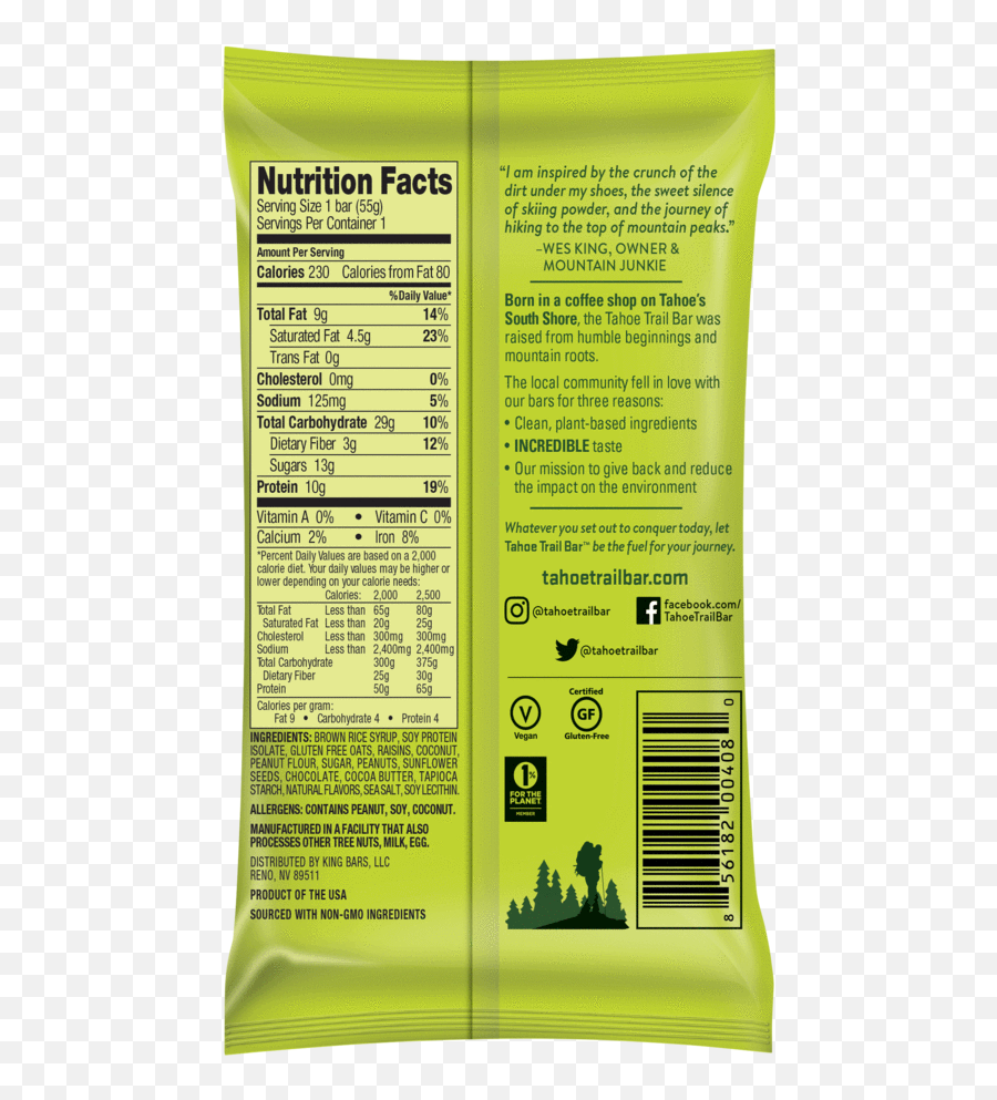 Tahoe Trail Bar - Nutrition Facts Label Png,Icon Energy Bar Light
