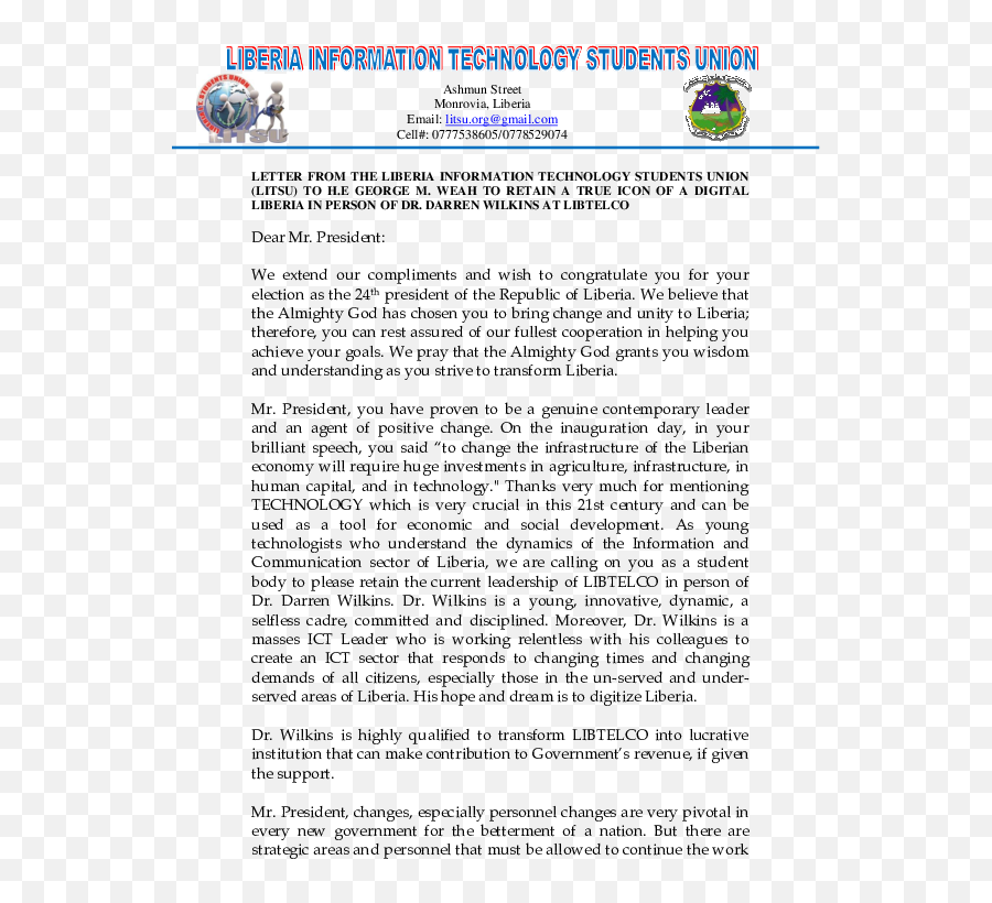 Doc Letter From The Liberia Information Technology Students - Document Png,Tru Icon