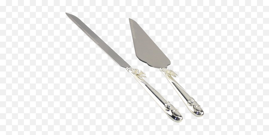 Metal Flower Decorated Silver Handle Wedding Cake Knife Set - Transparent Cake Knife Png,Knife Transparent