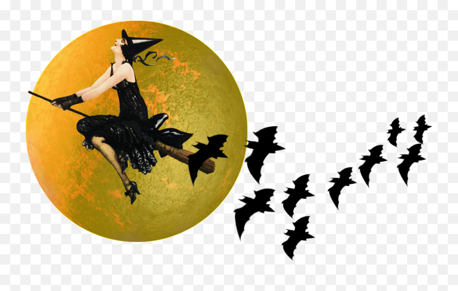 Halloween Borders And Frames - Vintage Witch Broom Moon Silhouette Png,Bats Png