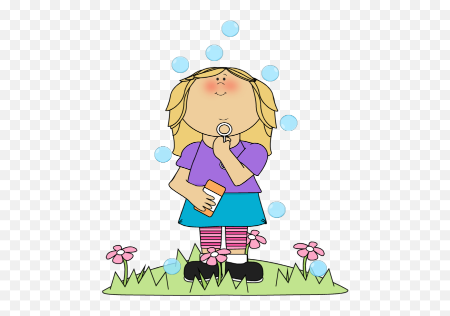 Girl In Flower Patch Blowing Bubbles Clip Art - Children Blowing Bubbles Cartoon Png,Bubbles Clipart Transparent