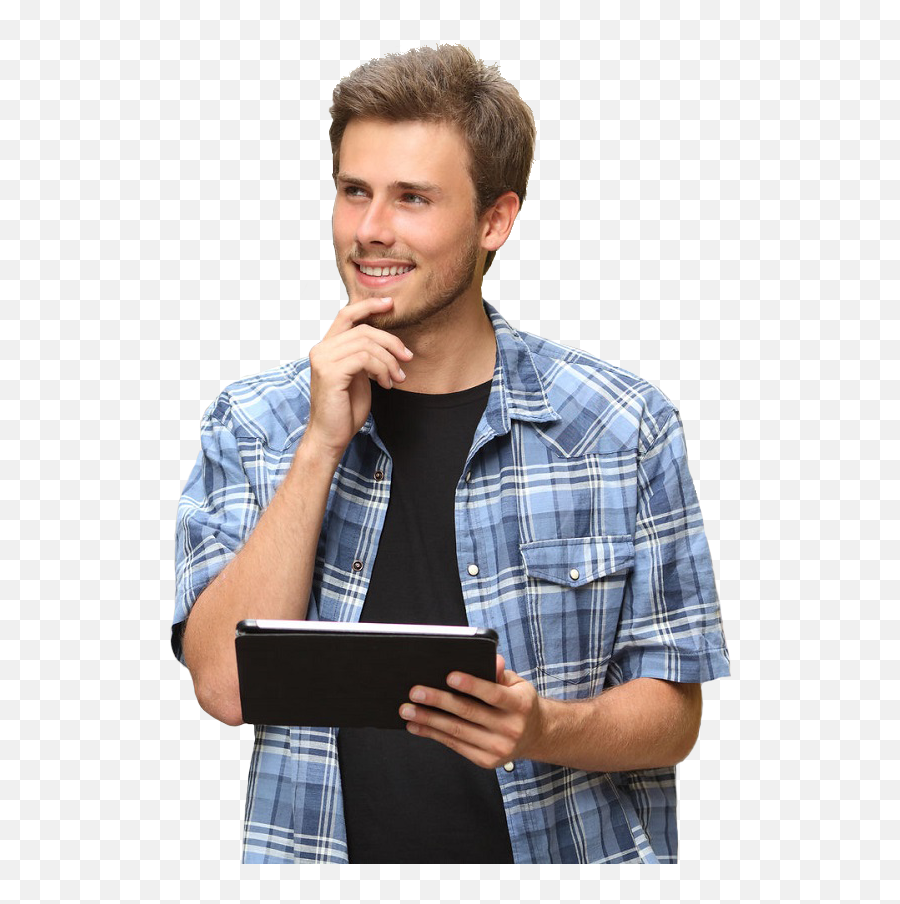 Download Personpleasantly Distracted - Man With Tablet Png,Man Thinking Png