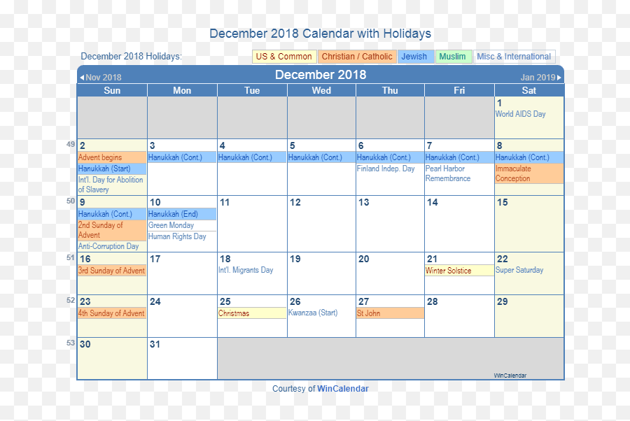 Print Friendly December 2018 Us Calendar For Printing - Calendar Png,2018 Calendar Png