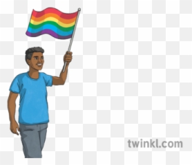 Man Waving Pride Rainbow Flag People Crowd Carnival Parade - Standing Png,Rainbow Flag Png