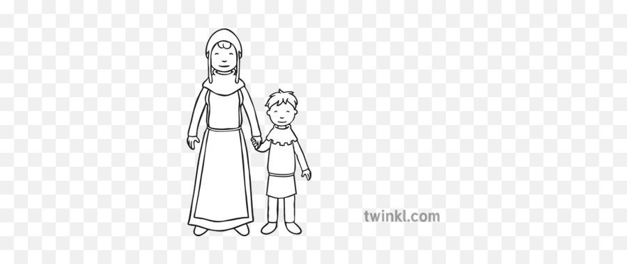 Medieval Woman And Little Boy Black White Illustration - Stained Glass Black And White Pattern Png,Little Boy Png