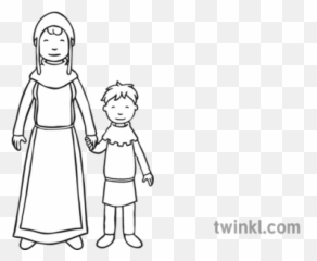 Medieval Woman And Little Boy Black White Illustration - Stained Glass Black And White Pattern Png,Little Boy Png