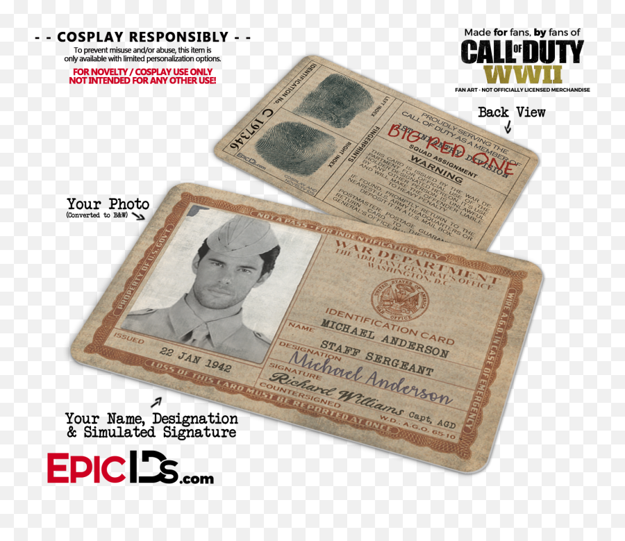 Wwii War Department Call Of Duty Cosplay Name Badgeid - Cash Png,Call Of Duty Wwii Png