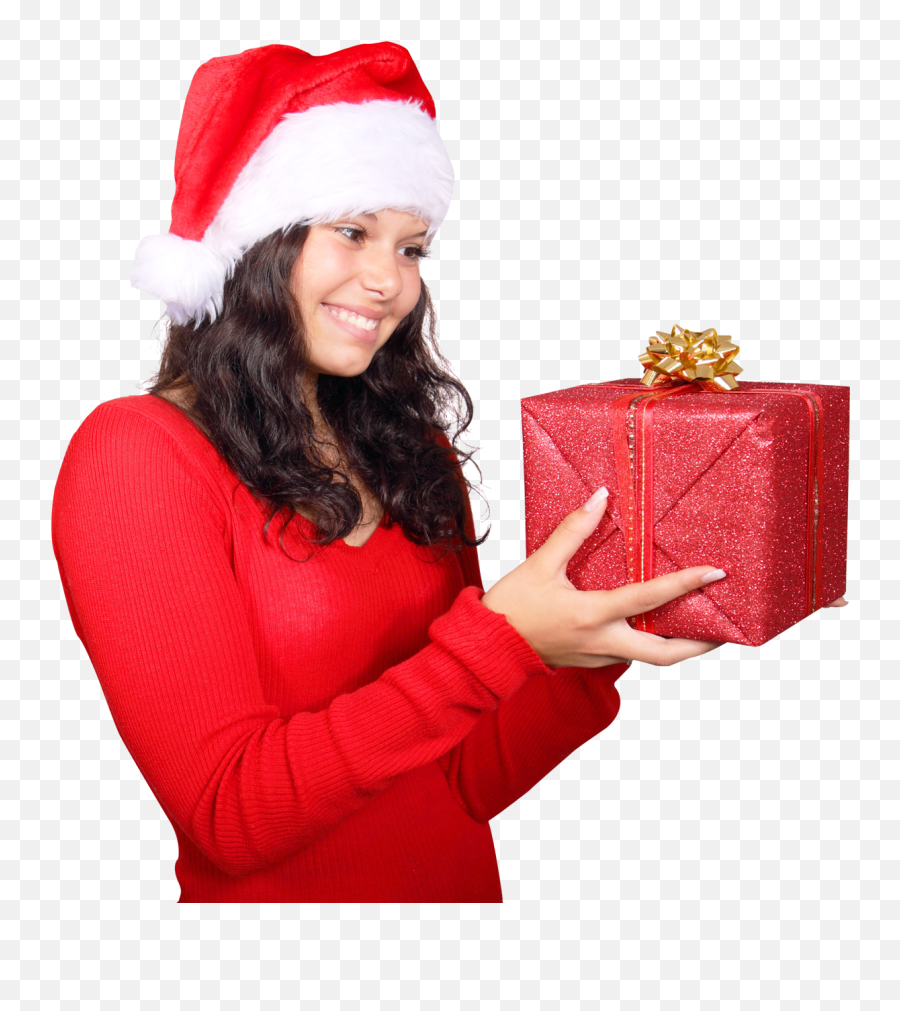 Girl Wearing Red Santa Claus Hat With Gift Box Png Image - Girl Santa Claus Png,Red Box Png