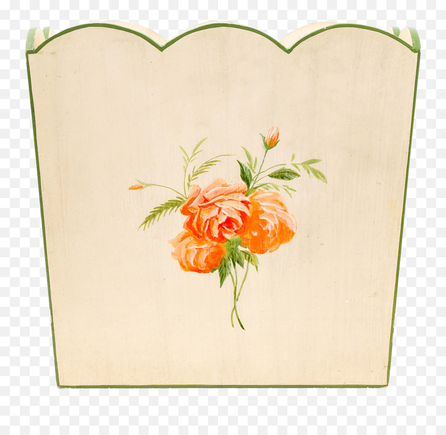 Vintage Country Style Wooden Basket With Handpainted Orange Flower And Green Borders - Rose Png,Orange Flower Png