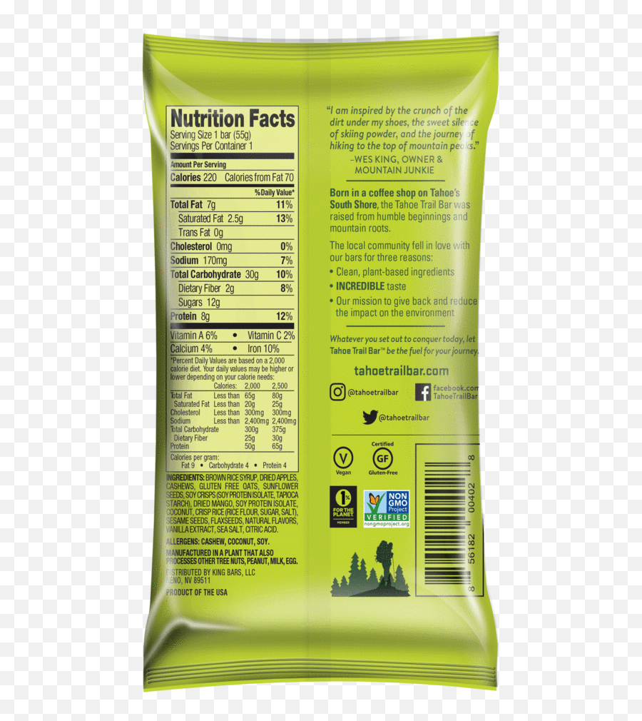 Plant Energy Bars - Vegan Gluten Free U0026 Non Gmo Tahoe Nutrition Facts Label Png,Icon Energy Bar Light