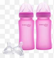 2 Glass Baby Bottle Heat Sensing 240 Ml Pink Anti Colic Nipple M - Baby Bottle Png,Nipple Png