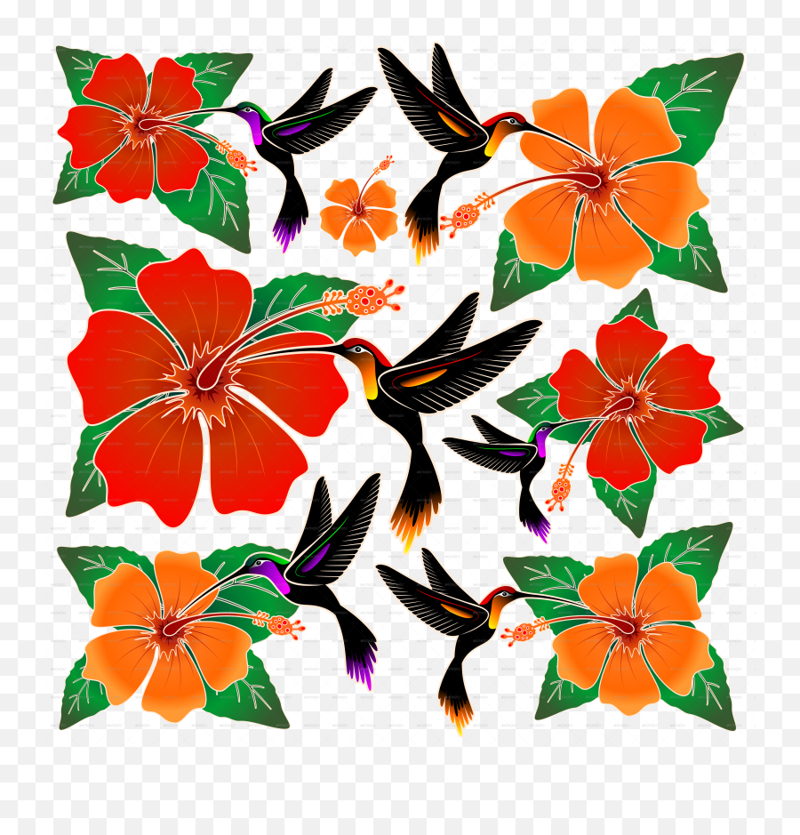 Hummingbird And Hibiscus Batik Pattern - Batik Flora Dan Fauna Png,Hummingbird Png