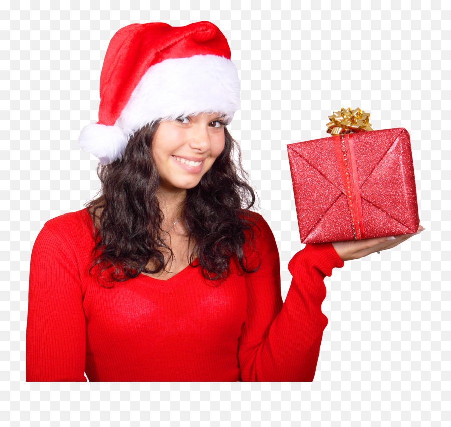Smiling Woman In Red Santa Claus Hat With Gift Box Png Image - Santa Claus Woman Png,Red Box Png