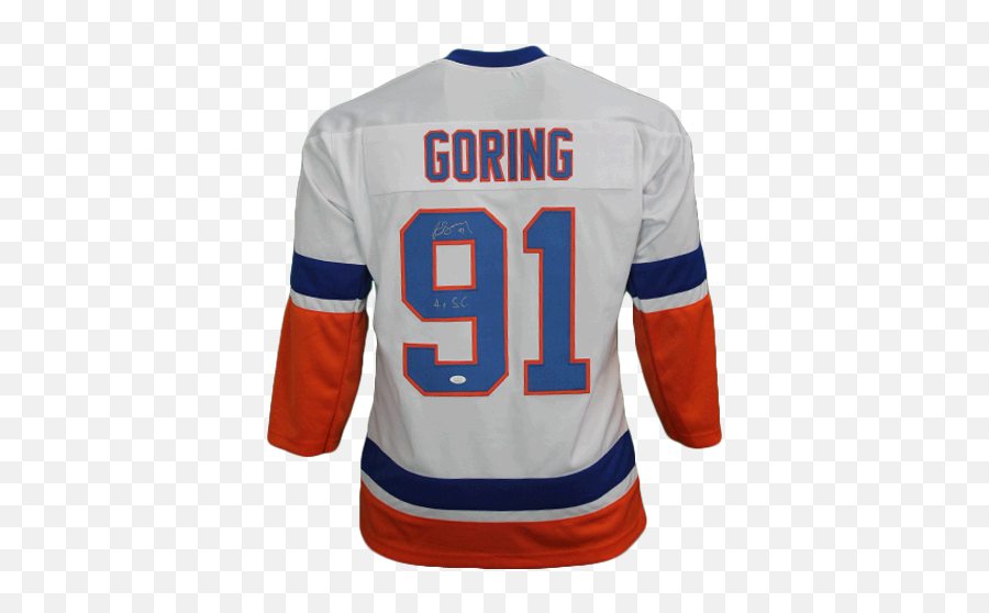 Butch Goring Autographed Pro Style New York Hockey Jersey White Jsa 4x Stanley Cup Inscription Included - Sports Jersey Png,Stanley Cup Png