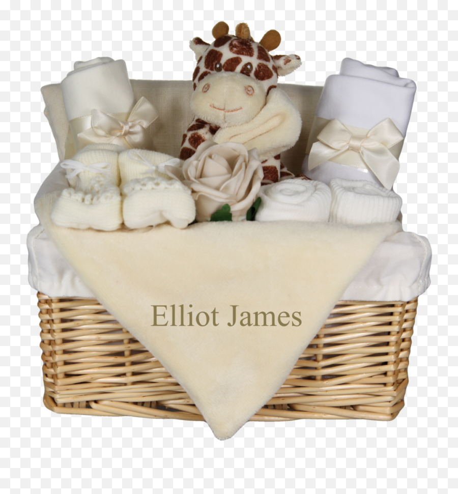 Cute Giraffe Themed Baby Gift Basket With Personalised Embroidered Comforter Blankie - Baby Shower Png,Basket Transparent