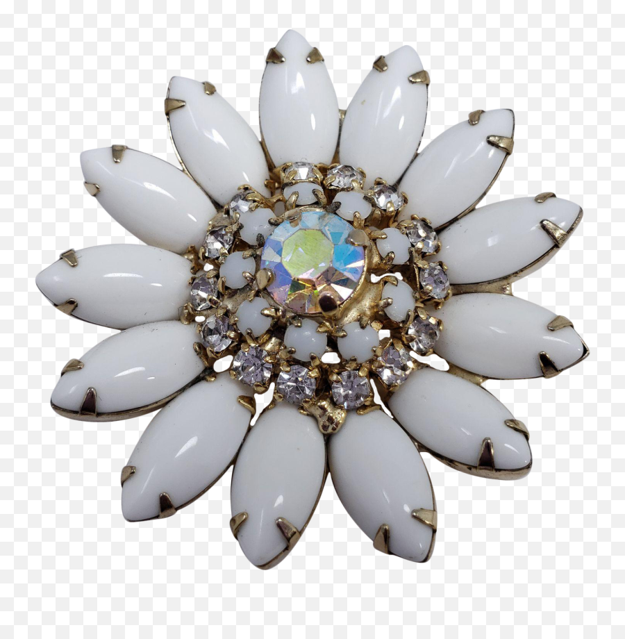 Vintage Unsigned White Milk Glass Rhinestone Flower Pin Brooch - Crystal Png,Milk Glass Png
