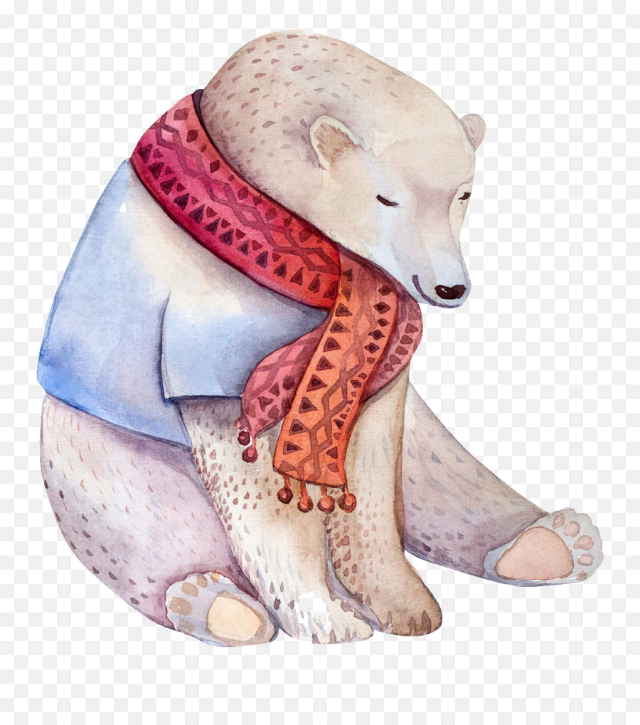 Download Hand - Painted Cartoon Polar Bear Transparent Watercolor Polar Bear Scarf Png,Polar Bear Transparent Background
