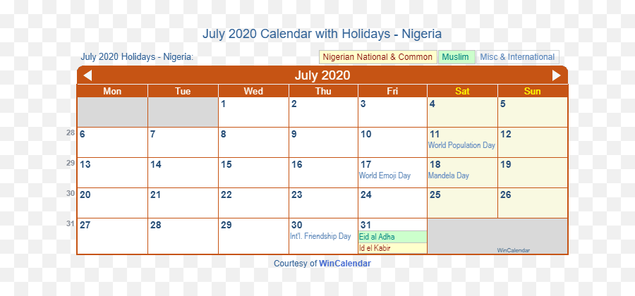 Print Friendly July 2020 Nigeria Calendar For Printing - Number Png,Calendar Emoji Png