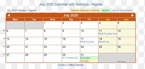 Print Friendly July 2020 Nigeria Calendar For Printing - Number png