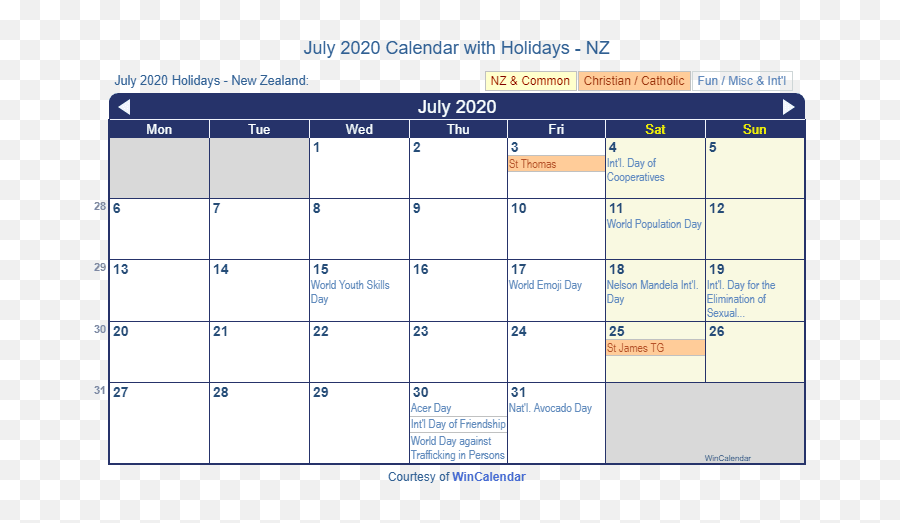 Print Friendly July 2020 New Zealand Calendar For Printing - July Holidays South Africa 2020 Png,Calendar Emoji Png