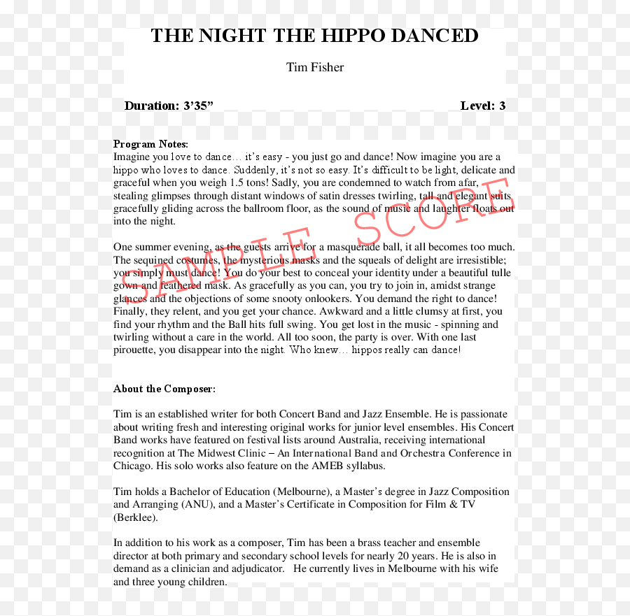 The Night Hippo Danced By Tim Fisher Jw Pepper Sheet - Document Png,What Is The Hippo Icon On My Galaxy S6